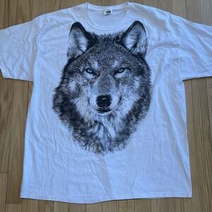 VTG Wolf Shirt AOP Big Face Graphic Tee Y2K Nature Mens XL Fruit Of Loom Tag